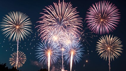 Colorful fireworks display lighting up the night sky with various shapes and patterns in the background Copy Space