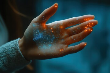 Biometric scanning visualizations on a human hand during a technology demonstration
