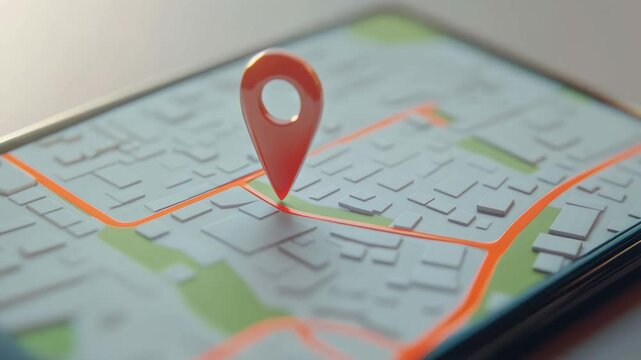 Location pin marker glowing brightly on smartphone screen, highlighting precise destination with digital navigation guidance in slow motion tracking sequence