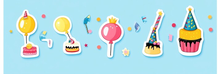 Festive stickers featuring balloons, cakes, party hats, and confetti for cheerful celebrations and events. Generative AI