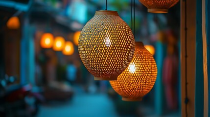 Obraz premium Woven lanterns illuminate Asian night market