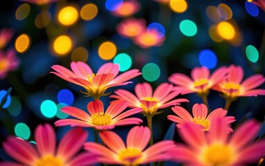 Fototapeta premium A stunning close-up of vibrant, glowing flowers in full bloom, illuminated with soft golden light. 