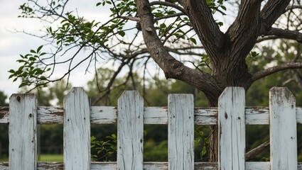 Fototapeta premium Weathered white wooden fence with a leafy tree branch in the background and soft focus greenery, rustic outdoor scene, Copy Space