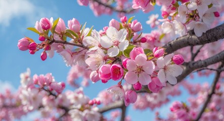 Pink cherry blossom flowers on a branch against a bright blue sky with fluffy clouds Copy Space