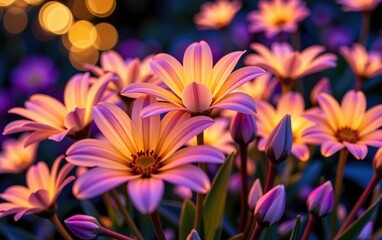Obraz premium A stunning close-up of vibrant, glowing flowers in full bloom, illuminated with soft golden light. 