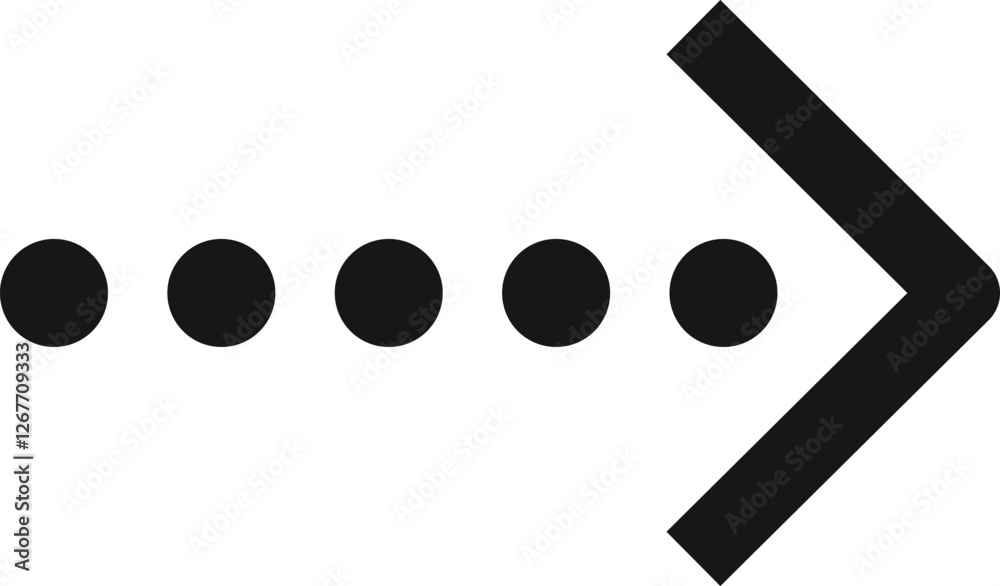 Poster simple black arrow pointing to the right with four black dots preceding it, representing loading or 