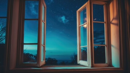 Scenic view of open windows revealing a starry night sky over a tranquil landscape with blue tones and atmospheric lighting Copy Space