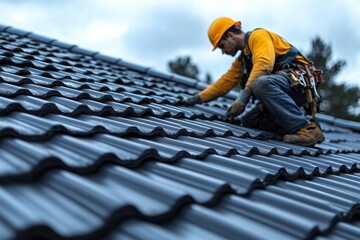 Workers installing metal tiles on a private roof in early morning light