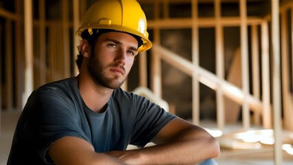 A young man in a hard hat seated in a construction site, looking contemplative amidst wooden framing. Concept Construction Safety, Young Professionals, Worksite Reflection, Building Dreams