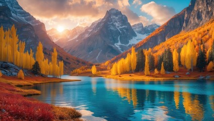 Scenic view of mountains and autumn foliage reflecting in tranquil lake during sunset with vibrant orange and yellow trees and cloudy sky