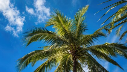 Fototapeta premium Palm tree leaves against a bright blue sky with fluffy white clouds and sunlight shining through the foliage Copy Space