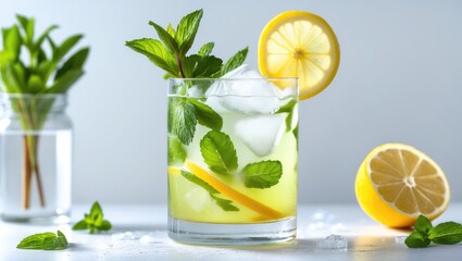Fototapeta premium Fresh lemon mint cocktail with ice in a glass surrounded by mint leaves and lemon slices on a light background Copy Space