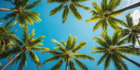 Palm trees against a bright blue sky with clouds in the background creating a tropical atmosphere Copy Space