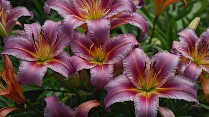 Pink and purple lilies in full bloom with green foliage background showcasing vibrant colors and details Copy Space
