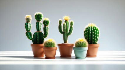Group of assorted cacti in terracotta and light blue pots with minimalistic background and natural sunlight Copy Space