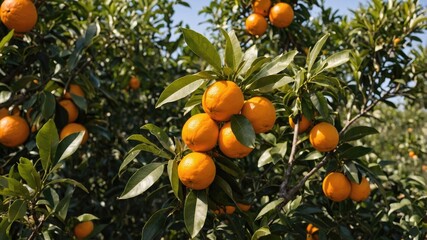 Fresh ripe oranges on trees in a vibrant citrus orchard under clear blue skies Copy Space