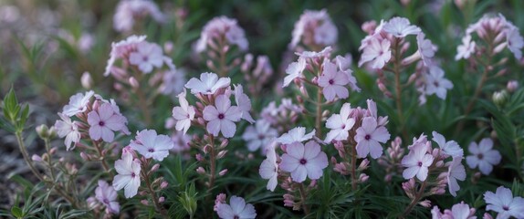 Cluster of delicate light pink flowers with subtle purple centers in a natural green setting. Copy Space