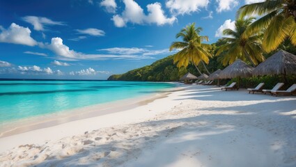 Tropical beach with white sand, turquoise ocean, palm trees, and thatched umbrellas under a blue sky with clouds Copy Space