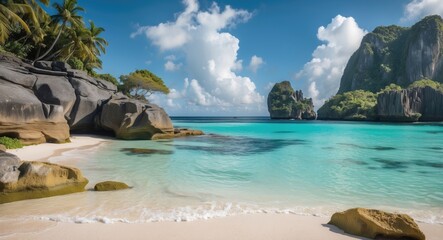 Tropical beach landscape with turquoise water, sandstone rocks, and palm trees under a blue sky with fluffy clouds, Copy Space