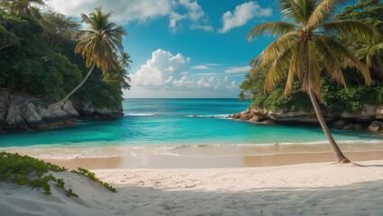 Obraz premium Tropical beach landscape with palm trees, azure water, white sand, and cloudy skies, ideal for relaxing vacation scenes, Copy Space
