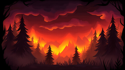 Eerie Forest Engulfed in Twilight Hues and Silhouette Pines Painting a Dramatic Atmospheric Scene