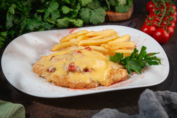 Chicken Fillet with Melted Cheese and French Fries