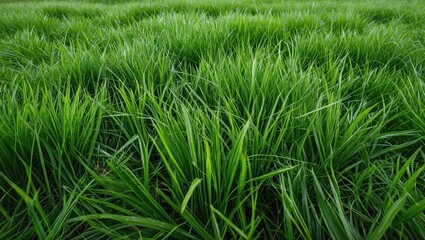 Fototapeta premium Lush green grass field with vibrant blades and natural texture suitable for backgrounds or nature themes Copy Space