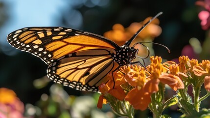 Obraz premium Close-up of a monarch butterfly resting on a cluster of orange flowers. the butterfly's wings are spread out, revealing the intricate patterns and patterns on its body.