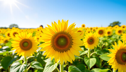 Fototapeta premium Solitary sunflower blooming in vibrant field, nature's beauty