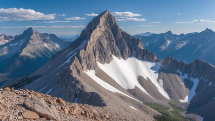 Mountain peak with snow and rocky terrain under a clear sky with distant mountain ranges in the background Copy Space