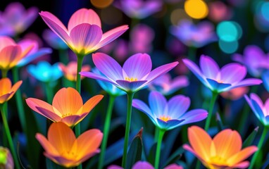 Fototapeta premium A stunning close-up of vibrant, glowing flowers in full bloom, illuminated with soft golden light. 