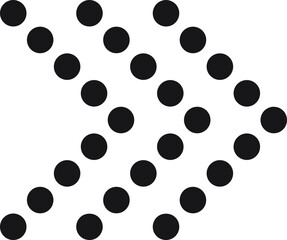 Black dots of varying sizes forming an arrow pointing right against a clean white background, creating a visually striking and dynamic abstract design element
