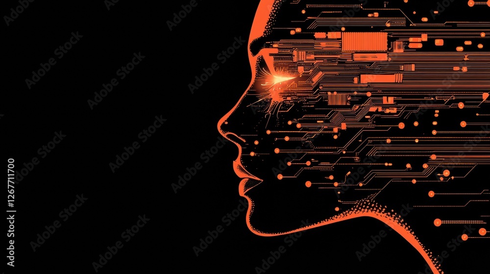 Aufkleber Human face merges with glowing digital circuits showcasing the future of technology and identity in a dark background. Generative AI