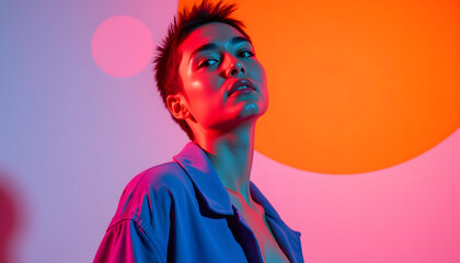 Stylish figure posing with vibrant colors in studio setting, modern art