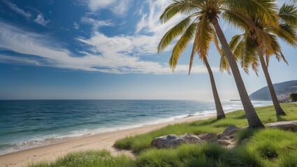 Fototapeta premium Tropical beach with palm trees, sandy shore, calm ocean water and blue sky with clouds, ideal for vacation and relaxation themes, Copy Space