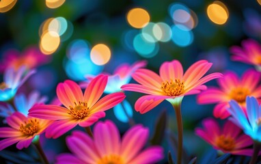 Fototapeta premium A stunning close-up of vibrant, glowing flowers in full bloom, illuminated with soft golden light. 
