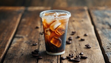 Iced coffee drink in a clear plastic cup with ice on a rustic wooden table surrounded by coffee beans and copy space available.
