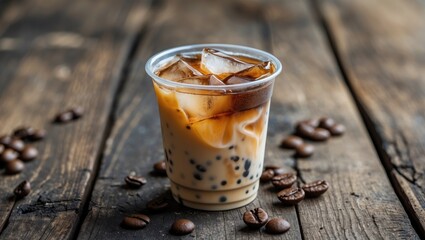 Iced coffee beverage with tapioca pearls in a clear cup on rustic wooden background with coffee beans scattered around. Copy Space