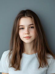 Fototapeta premium Portrait girl ID photo on gray background