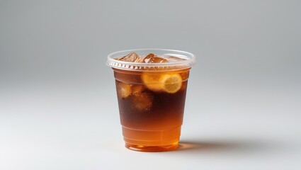 Iced tea beverage in clear plastic cup with ice and lemon slices against light background Copy Space