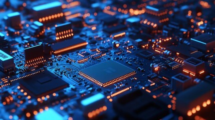 Obraz premium Futuristic Microchip with Glowing Blue Circuits, Advanced Technology, Cyberpunk Aesthetic, 8K Ultra Detail, HD 4K Image Download