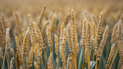 Fototapeta premium Golden wheat field close-up with ripe grain heads against a blurred background Copy Space
