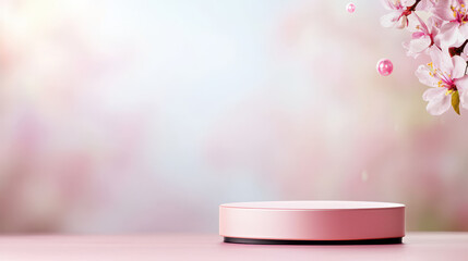 A soft pink podium stands against a blurred pastel background adorned with delicate cherry blossoms, evoking a serene and elegant atmosphere.