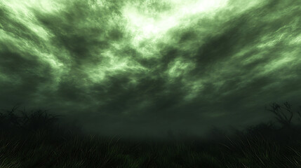 Fototapeta premium Eerie Green Sky Over Wasteland Landscape with Grass and Distant Trees in a Nuclear Winter Scene