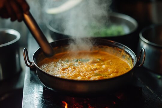 Aromatic Indian Sambar Simmering in Pan - Home- Indian cooking, steaming sambar, delicious spices, authentic flavors, culinary tradition