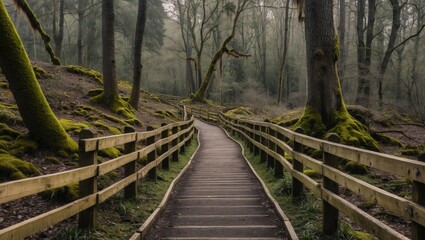 Fototapeta premium Wooden pathway through misty forest with lush green moss on trees and ground, inviting nature scenery, Copy Space