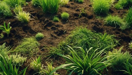 Lush green grass and plants growing on fertile soil with rich texture and variation in height and density Copy Space