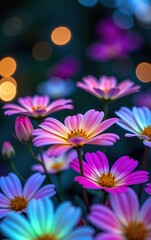 Fototapeta premium A stunning close-up of vibrant, glowing flowers in full bloom, illuminated with soft golden light. 