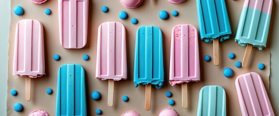 Colorful ice pops on beige background with blue and pink candy sprinkles arranged in a flat lay composition Copy Space