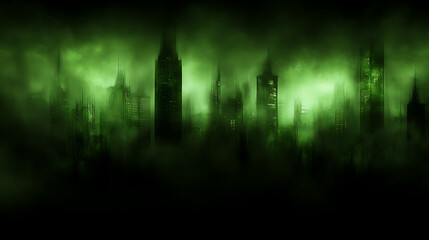 Eerie Metropolis in Green Haze Obscured by Fog and Pollution creating Apocalyptic Dark Mood